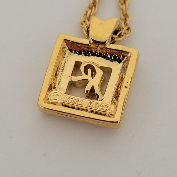 Vintage Nina Ricci NR Square Pendant Necklace 14”+ 2 Gold Tone Chocker Chain - Picture 4 of 6